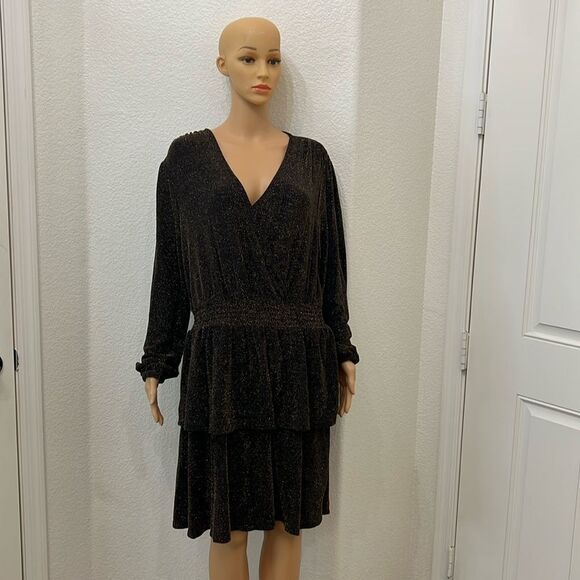 Michael Kors Womans Dress Sz 0X Bwown Gold VNeck Long Sleeve Ruffle Midi Stretch - Picture 1 of 11